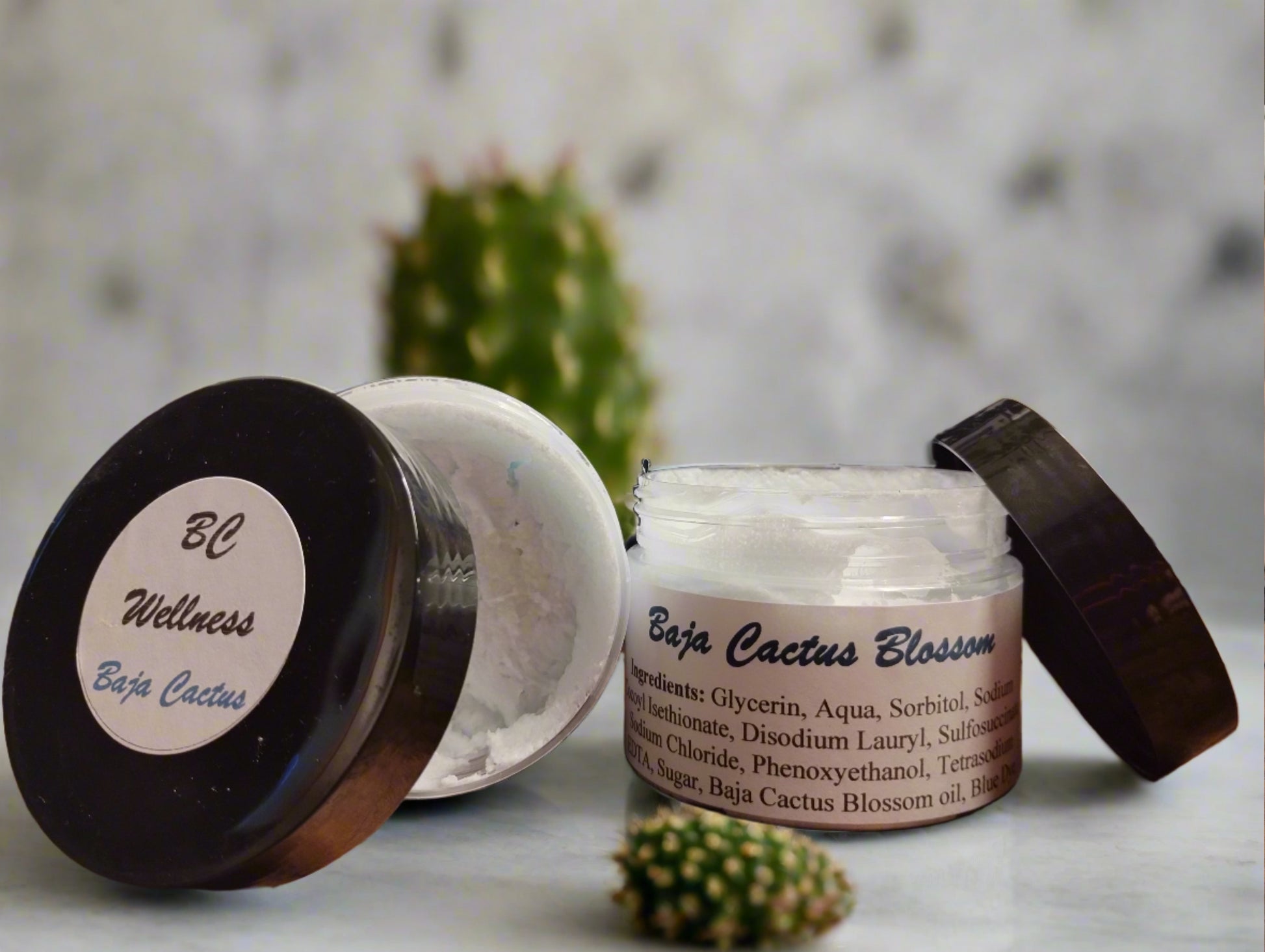 A unique and innovative product that is a whipped exfoliating Foaming Bath Butter. The alluring beauty of a cactus flower is captured in a blend of bergamot, fresh white flowers, green cactus stems, sunkissed coconut, and softwoods.  Paraben free MPG (mono propylene glycol) free PEG (Polyethylene glycol) free High foam and creamy lather Mild formulation ideal for sensitive skin Zein test determined it was a "non-skin irritant" Moisturizing formulation rich in glycerine