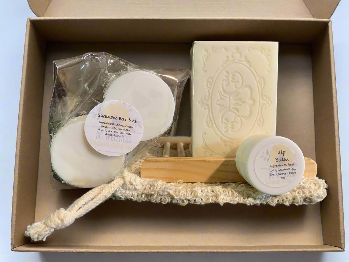 This Gift Box maybe little, but packs a huge offering!!! This Simple Gift Box will include one of each of the following;

1 Goat's Milk with Hemp Seed 4 oz Bar Soap
1 Shampoo Bar 3 oz(unscented)
1 Agave Exfoliating Bag with Holder
1 Lip Balm