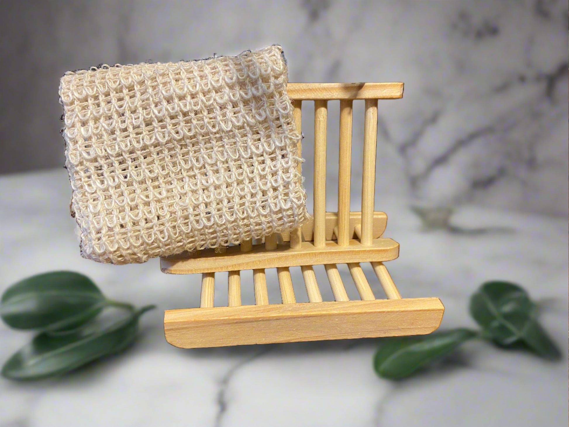 Exfoliating Soap Bag, made with sisal fiber, that is part of the Agave Plant, tray for holding in the shower or bath included.