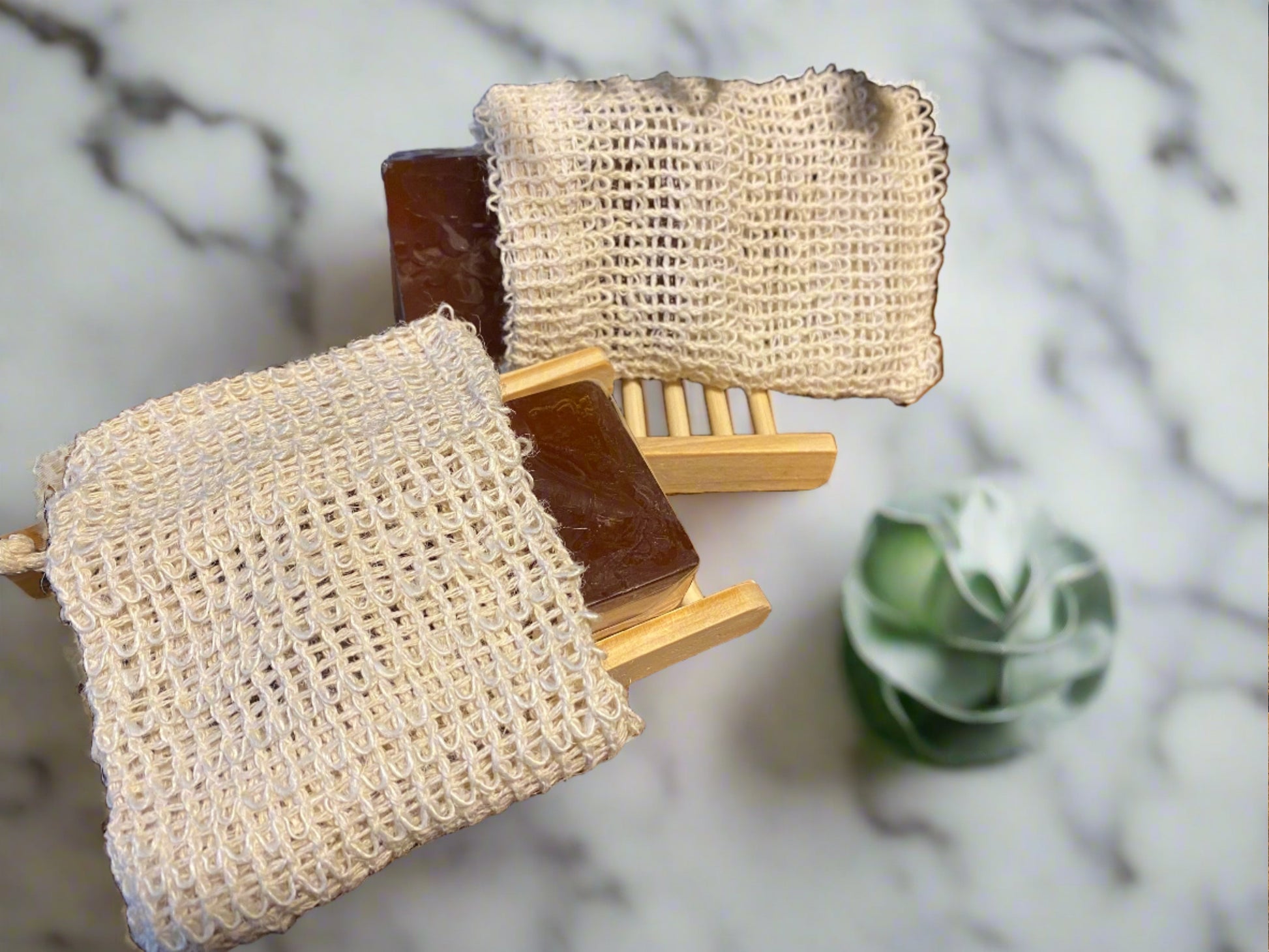 Exfoliating Soap Bag, made with sisal fiber, that is part of the Agave Plant, tray for holding in the shower or bath included.