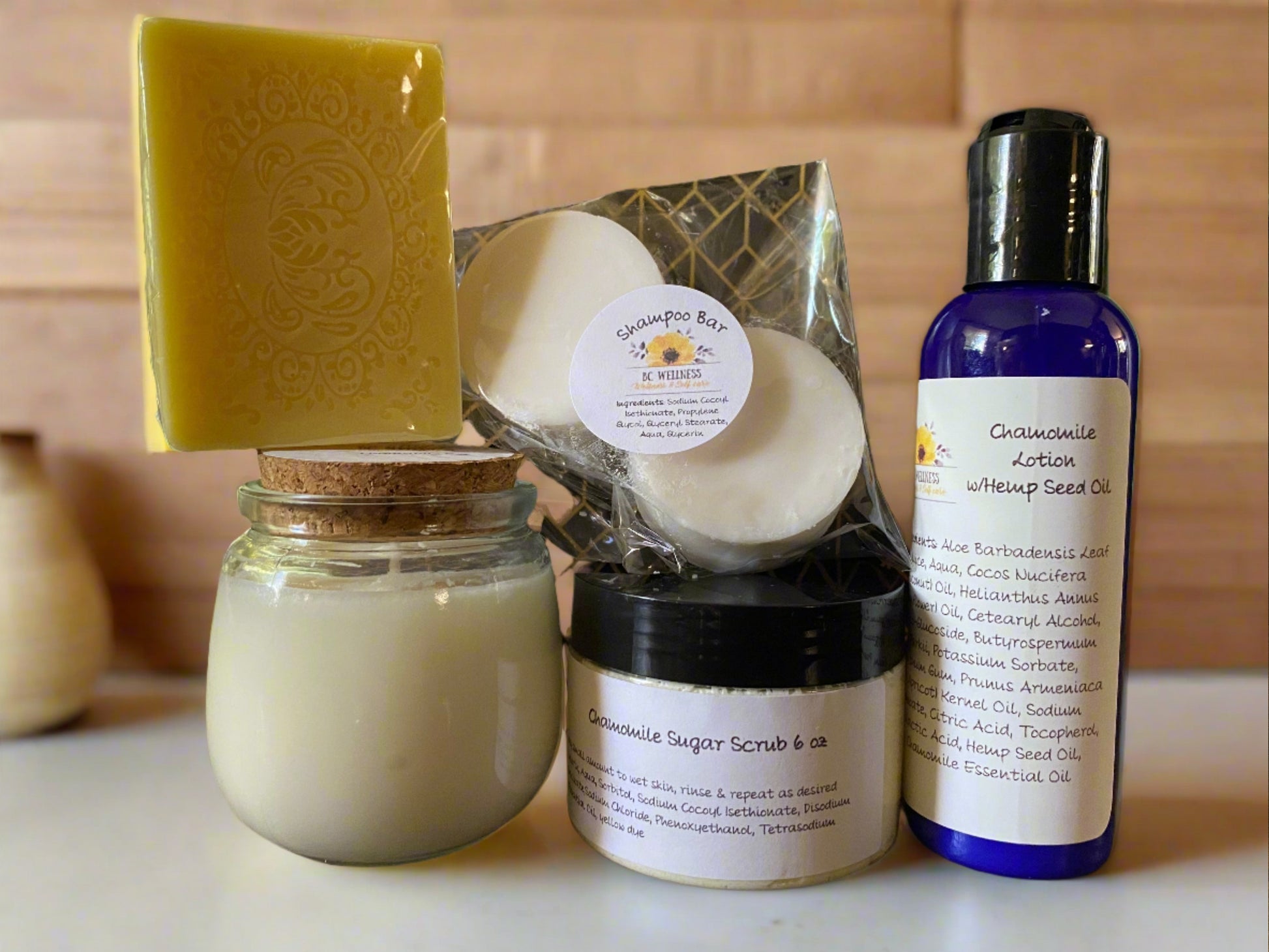 Spa Day Gift Box

This is an amazing offer that we are ecstatic to share with you!! You will receive one of each of the following in a gift box tied with a bow!

Chamomile Lotion W/Hemp Seed Oil

Chamomile Sugar Scrub

Chamomile Bar Soap

Shampoo Bar (unscented)

Chamomile Candle